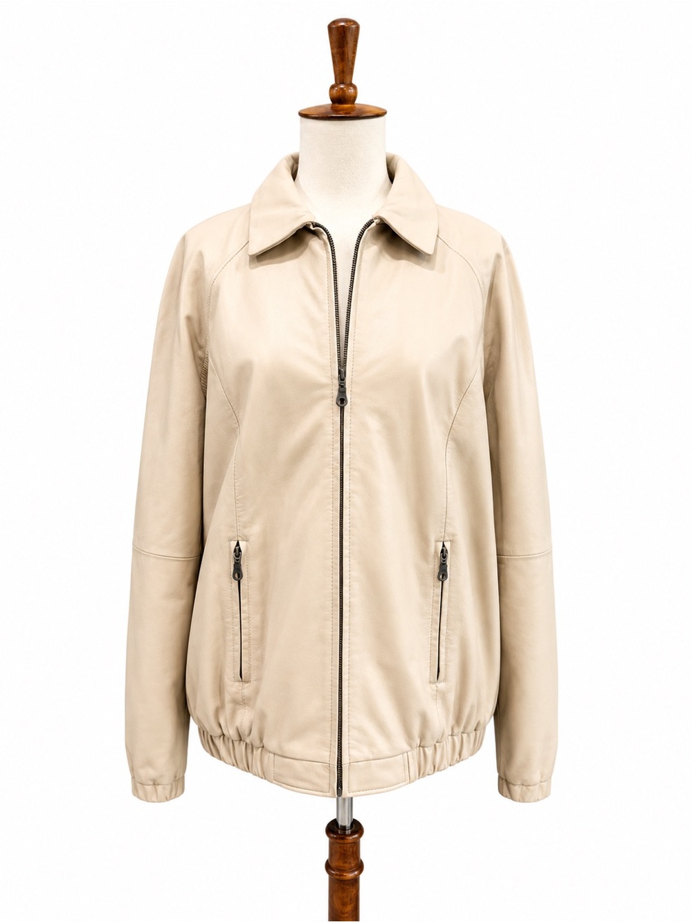 Preston & York Light Beige Zip-Front Bomber Jacket Leather Coat Medium